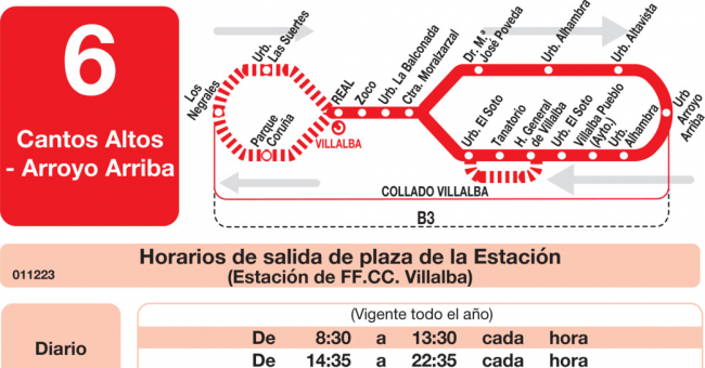 Tabla de horarios y frecuencias de paso en sentido ida Línea L-6 Collado-Villalba: Estación Cercanías RENFE - Cantos Altos - Pueblo - Arroyo Arriba