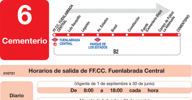 Tabla de horarios y frecuencias de paso en sentido ida Línea L-6 Fuenlabrada: Estación Cercanías RENFE - Fuenlabrada Central - Cementerio