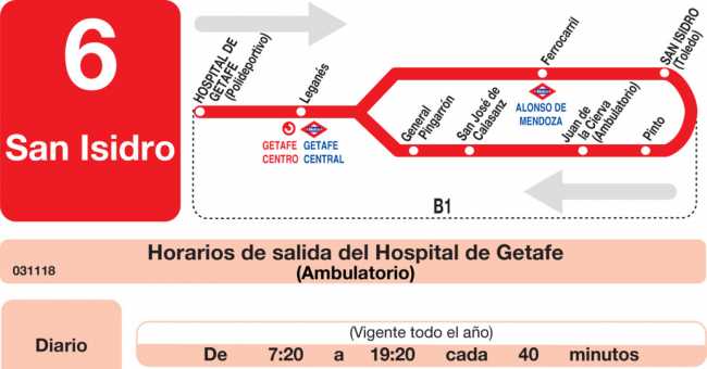 Tabla de horarios y frecuencias de paso en sentido ida Línea L-6 Getafe: San Isidro