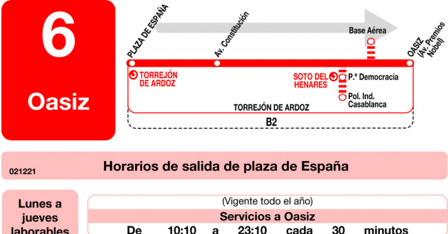 Tabla de horarios y frecuencias de paso en sentido ida Línea L-6 Torrejón de Ardoz: Plaza de España - Base Aérea de Torrejón