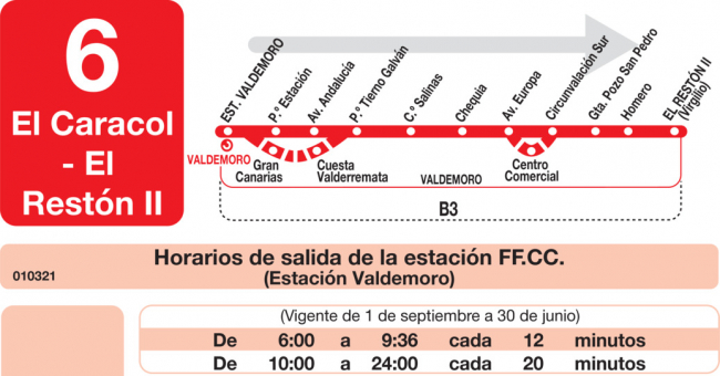 Tabla de horarios y frecuencias de paso en sentido ida Línea L-6 Valdemoro: Estación Cercanías RENFE - El Caracol - El Restón II