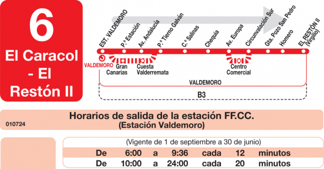 Tabla de horarios y frecuencias de paso en sentido ida Línea L-6 Valdemoro: Estación Cercanías RENFE - El Caracol - El Restón II