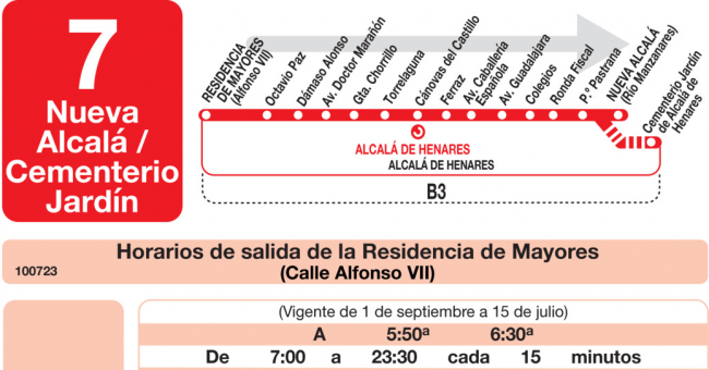 Tabla de horarios y frecuencias de paso en sentido ida Línea L-7 Alcalá de Henares: El Ensanche - Nueva Alcalá