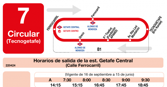 Tabla de horarios y frecuencias de paso en sentido ida Línea L-7 Getafe: Circular Tecnogetafe