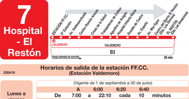 Tabla de horarios y frecuencias de paso en sentido ida Línea L-7 Valdemoro: Estación Cercanías RENFE - Hospital - El Restón