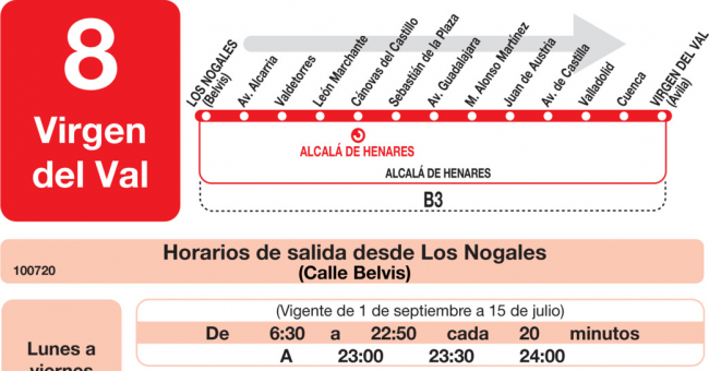Tabla de horarios y frecuencias de paso en sentido ida Línea L-8 Alcalá de Henares: Barrio Campo del Ángel - Barrio Virgen del Val