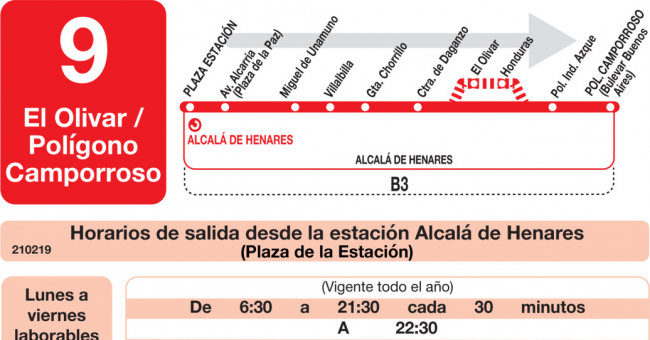 Tabla de horarios y frecuencias de paso en sentido ida Línea L-9 Alcalá de Henares: Estación Cercanías RENFE - Polígono Industrial Azque