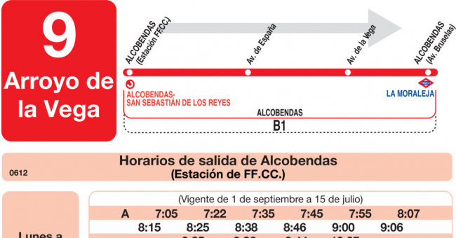 Tabla de horarios y frecuencias de paso en sentido ida Línea L-9 Alcobendas: Estación Cercanías RENFE - Arroyo de la Vega