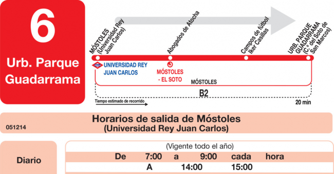 Tabla de horarios y frecuencias de paso en sentido ida Línea L-6 Móstoles: Universidad Rey Juan Carlos - Urbanización P. Guadarrama