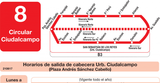 Tabla de horarios y frecuencias de paso en sentido ida Línea L-8 Ciudalcampo: Circular Ciudalcampo