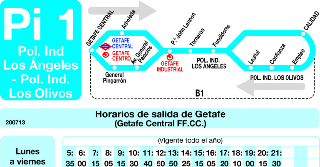 Tabla de horarios y frecuencias de paso en sentido ida Línea Pi-1 Getafe: Getafe Central - Polígono Industrial los Angeles - Polígono Industrial los Olivos