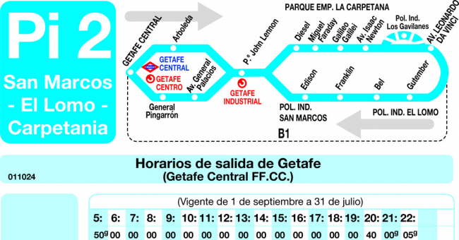 Tabla de horarios y frecuencias de paso en sentido ida Línea Pi-2 Getafe: Getafe Central - Polígono Industrial San Marcos - El Lomo - Parque Empresarial la Carpetanía