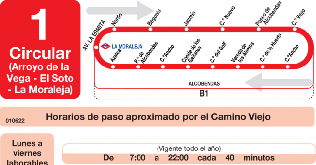 Tabla de horarios y frecuencias de paso en sentido vuelta Línea L-1 Alcobendas: Arroyo de la Vega - El Soto - La Moraleja