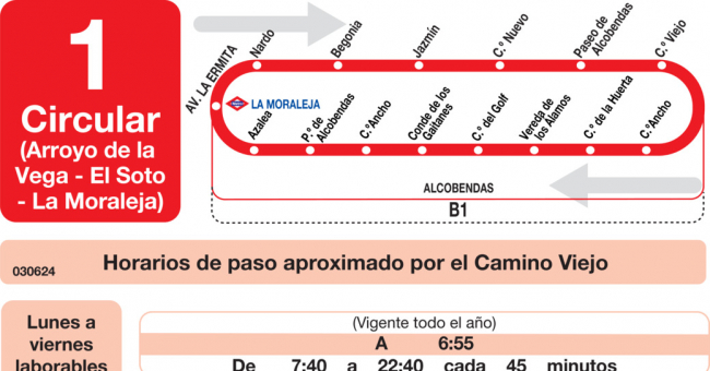 Tabla de horarios y frecuencias de paso en sentido vuelta Línea L-1 Alcobendas: Arroyo de la Vega - El Soto - La Moraleja