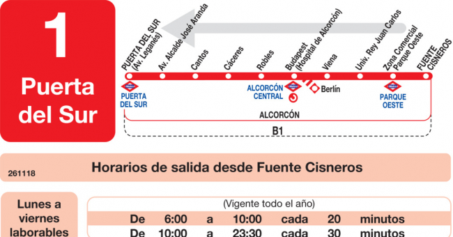 Tabla de horarios y frecuencias de paso en sentido vuelta Línea L-1 Alcorcón: Polvoranca - Fuente Cisneros