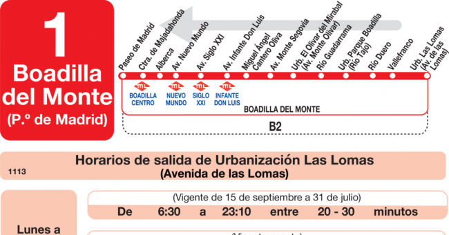 Tabla de horarios y frecuencias de paso en sentido vuelta Línea L-1 Boadilla del Monte: Paseo de Madrid - Olivar - Parque - Las Lomas