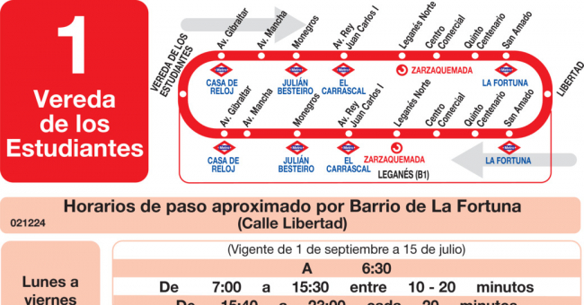 Tabla de horarios y frecuencias de paso en sentido vuelta Línea L-1 Leganés: Vereda de los Estudiantes - La Fortuna