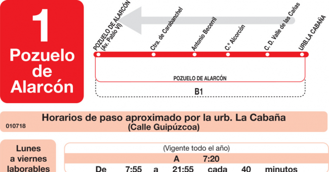 Tabla de horarios y frecuencias de paso en sentido vuelta Línea L-1 Pozuelo de Alarcón: Pozuelo de Alarcón - Urbanización la Cabaña