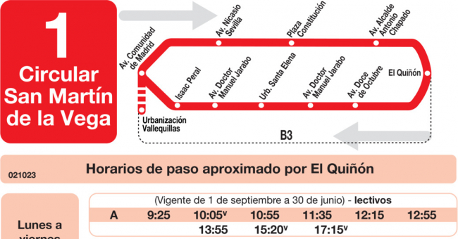 Tabla de horarios y frecuencias de paso en sentido vuelta Línea L-1 San Martín de la Vega: Estación Cercanías RENFE - Santa Elena - Casco Antiguo