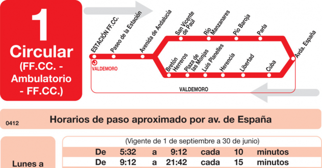 Tabla de horarios y frecuencias de paso en sentido vuelta Línea L-1 Valdemoro: Circular - Estación Cercanías RENFE - Ambulatorio