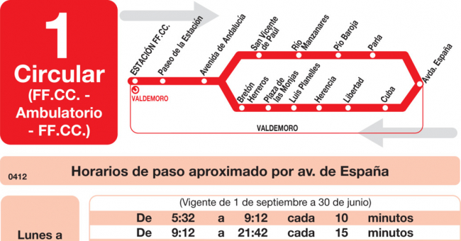 Tabla de horarios y frecuencias de paso en sentido vuelta Línea L-1 Valdemoro: Circular - Estación Cercanías RENFE - Ambulatorio