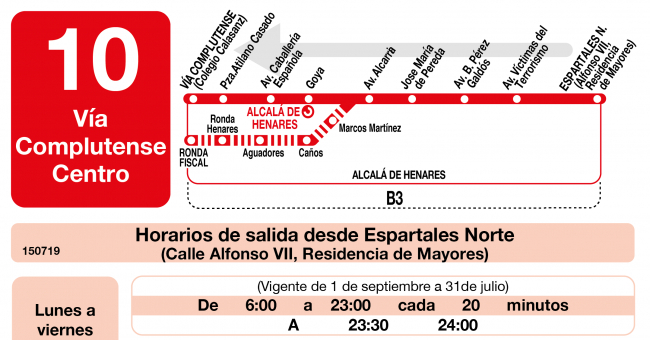 Tabla de horarios y frecuencias de paso en sentido vuelta Línea L-10 Alcalá de Henares: Vía Complutense - Espartales