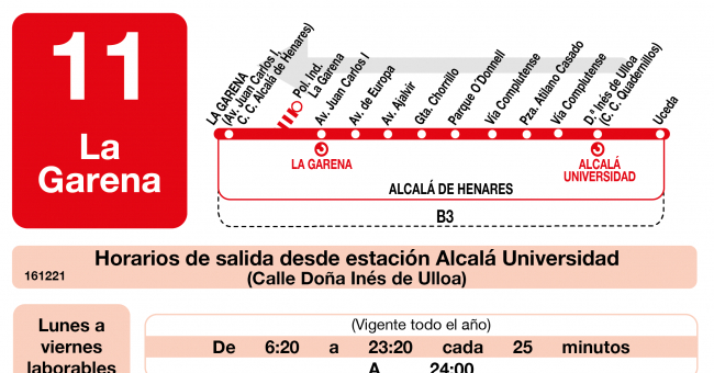 Tabla de horarios y frecuencias de paso en sentido vuelta Línea L-11 Alcalá de Henares: La Garena - Puerta del Universo