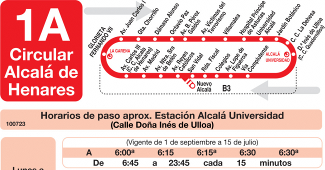Tabla de horarios y frecuencias de paso en sentido vuelta Línea L-1A Alcalá de Henares: Circular