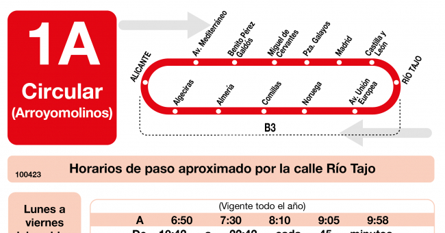 Tabla de horarios y frecuencias de paso en sentido vuelta Línea L-1A Arroyomolinos: Circular