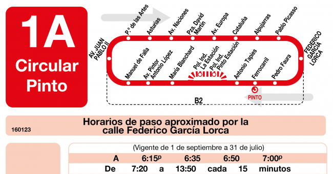 Tabla de horarios y frecuencias de paso en sentido vuelta Línea L-1A Pinto: Circular