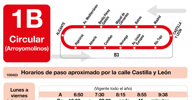 Tabla de horarios y frecuencias de paso en sentido vuelta Línea L-1B Arroyomolinos: Circular