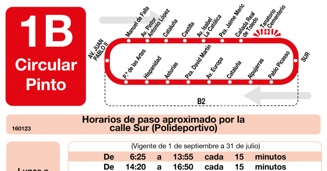 Tabla de horarios y frecuencias de paso en sentido vuelta Línea L-1B Pinto: Circular