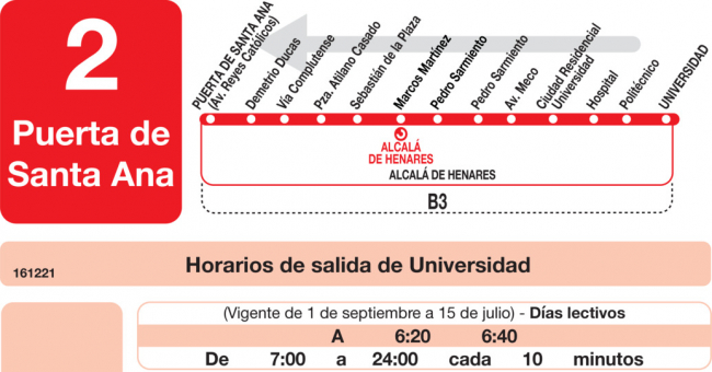 Tabla de horarios y frecuencias de paso en sentido vuelta Línea L-2 Alcalá de Henares: Plaza Cervantes - Universidad - Hospital
