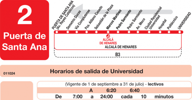 Tabla de horarios y frecuencias de paso en sentido vuelta Línea L-2 Alcalá de Henares: Plaza Cervantes - Universidad - Hospital