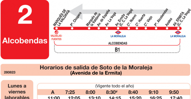 Tabla de horarios y frecuencias de paso en sentido vuelta Línea L-2 Alcobendas: Alcobendas - La Moraleja