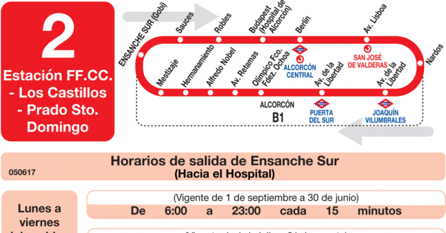 Tabla de horarios y frecuencias de paso en sentido vuelta Línea L-2 Alcorcón: Ondarreta - Prado Santo Domingo