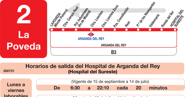 Tabla de horarios y frecuencias de paso en sentido vuelta Línea L-2 Arganda del Rey: La Poveda - Siete Vientos - Hospital