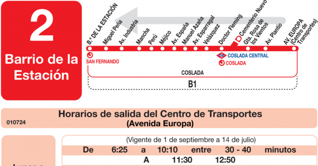 Tabla de horarios y frecuencias de paso en sentido vuelta Línea L-2 Coslada: Barrio de la Estación - Centro de Transportes