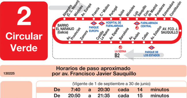 Tabla de horarios y frecuencias de paso en sentido vuelta Línea L-2 Fuenlabrada: Circular