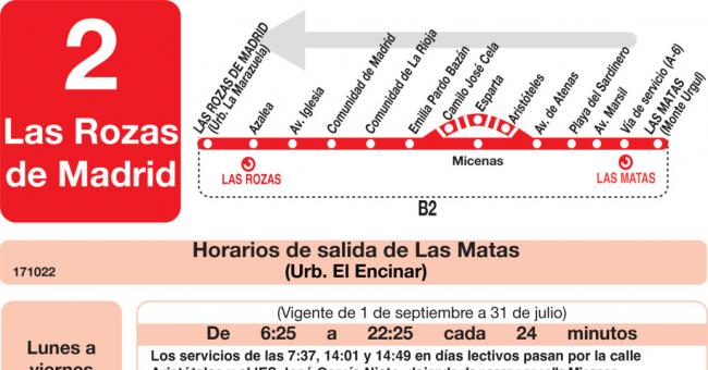 Tabla de horarios y frecuencias de paso en sentido vuelta Línea L-2 Las Rozas: Las Rozas - Monte Rozas - El Encinar
