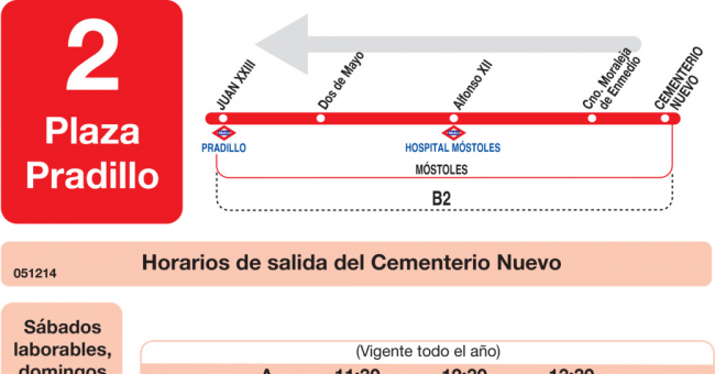 Tabla de horarios y frecuencias de paso en sentido vuelta Línea L-2 Móstoles: Móstoles (Pradillo) - Cementerio