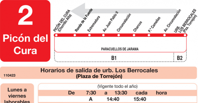 Tabla de horarios y frecuencias de paso en sentido vuelta Línea L-2 Paracuellos de Jarama: Picón del Cura - Los Berrocales