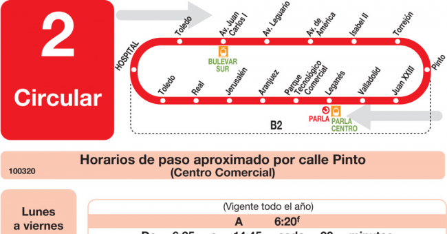 Tabla de horarios y frecuencias de paso en sentido vuelta Línea L-2 Parla: Circular