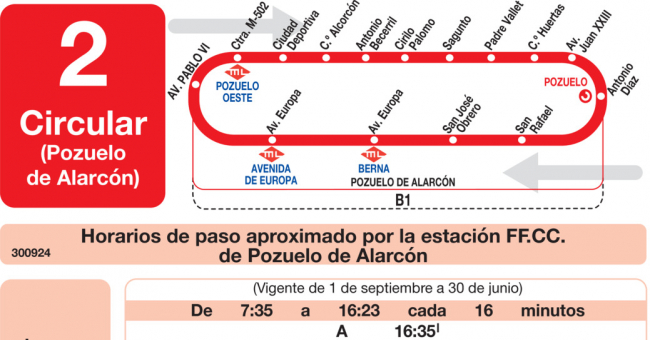 Tabla de horarios y frecuencias de paso en sentido vuelta Línea L-2 Pozuelo de Alarcón: Circular