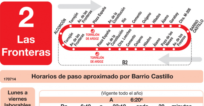 Tabla de horarios y frecuencias de paso en sentido vuelta Línea L-2 Torrejón de Ardoz: Fronteras - Barrio del Castillo - Fresno
