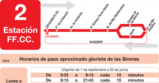 Tabla de horarios y frecuencias de paso en sentido vuelta Línea L-2 Valdemoro: Estación Cercanías RENFE - El Restón