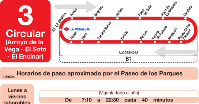 Tabla de horarios y frecuencias de paso en sentido vuelta Línea L-3 Alcobendas: Arroyo de la Vega - Soto de la Moraleja - El Encinar de los Reyes