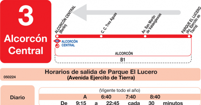 Tabla de horarios y frecuencias de paso en sentido vuelta Línea L-3 Alcorcón: Alcorcón Central - Parque El Lucero