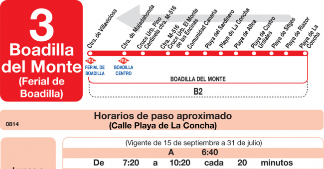 Tabla de horarios y frecuencias de paso en sentido vuelta Línea L-3 Boadilla del Monte: Ferial de Boadilla - Valdecabañas - Bonanza