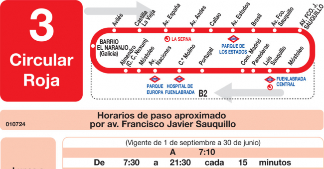 Tabla de horarios y frecuencias de paso en sentido vuelta Línea L-3 Fuenlabrada: Circular